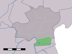 The village centre (dark green) and the statistical district (light green) of Oudendijk in the municipality of Wester-Koggenland.