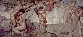 Michelangelo's painting of the sin of Adam and Eve from the Sistine Chapel ceiling Michelangelo Buonarroti 022.jpg