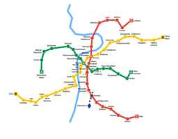 Schéma linek pražského metra (linka A zeleně)
