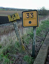 Old and new railway mileposts in the UK, indicating a distance of
.mw-parser-output .frac{white-space:nowrap}.mw-parser-output .frac .num,.mw-parser-output .frac .den{font-size:80%;line-height:0;vertical-align:super}.mw-parser-output .frac .den{vertical-align:sub}.mw-parser-output .sr-only{border:0;clip:rect(0,0,0,0);clip-path:polygon(0px 0px,0px 0px,0px 0px);height:1px;margin:-1px;overflow:hidden;padding:0;position:absolute;width:1px}
33+1/4 miles (53.5 km) from the zero point Railmileposts.jpg