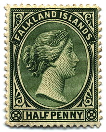 Halfpenny stamp, 1891. Stamp Falkland Islands 1891 0.5p.jpg