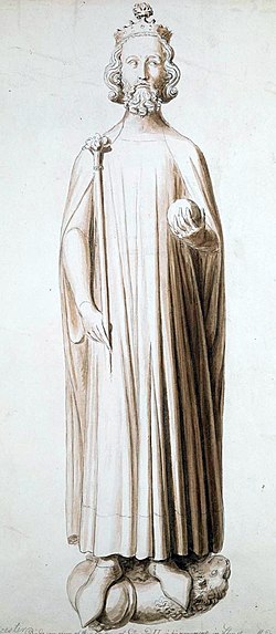 Портретная скульптура в гробнице Эдуарда II в Глостерском соборе (XIV век). Рисунок 1797 года из коллекции Георга III. Британская библиотека.