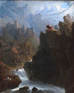 "The Bard" by John Martin: a romantic vision of a single Welsh bard escaping a massacre ordered by Edward I of England, intended to destroy Welsh culture The Bard.jpg