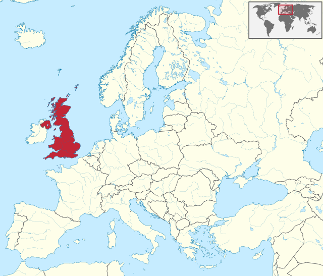 Carte administrative de l'Europe, montrant le Royaume-Uni en rouge.