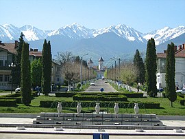 View of the town, with the Făgăraș Mountains in the background