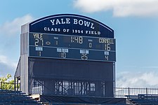 Yale Bowl scoreboard, behind north end zone, 2019