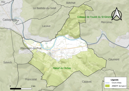 Carte des ZNIEFF de type 2 sur la commune.