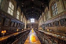 Dining hall at Christ Church; the hall is an important feature of the typical Oxford college, providing a place to dine and socialise. 1 christ church hall 2012.jpg