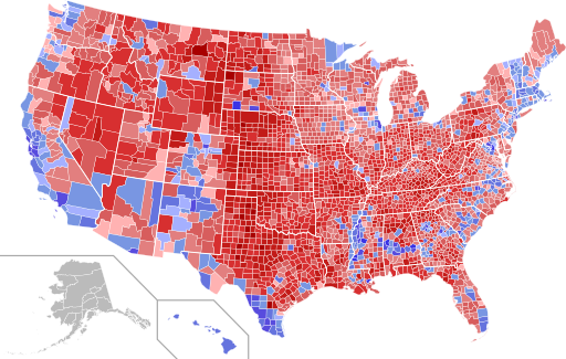 Mostly red map of US with counties that voted republican in red, democrat in blue