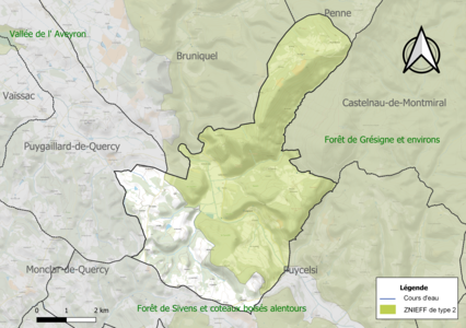 Carte de la ZNIEFF de type 2 sur la commune.