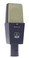 An AKG C414 from the front showing the AKG logo.