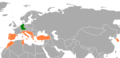 Anwerbeabkommen der Bundesrepublik Deutschland 1955 bis 1968, orange eingefärbt die Herkunftsstaaten -- hier: noch mit Südkorea dargestellt.