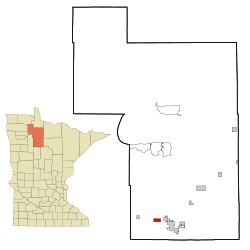 威尔顿在贝尔特拉米县及明尼苏达州的位置（以红色标示）