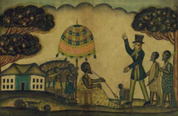 Dessin d'un village avec trois arbres fruitiers et une grande maison. Un marchand d'esclaves blanc, accompagné de deux esclaves noirs, lève le doigt accusateur en direction d'un caboceer qui fume la longue pipe sous un parasol. Le parasol est tenu par un esclave. Sous le sol se trouve un esclave décapité.