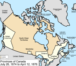 Map of the country of Canada on July 26, 1874, depicting the postage stamp sized province of Manitoba along with the provinces of Ontario northern border extended to the 51st parallel north, Prince Edward Island, Quebec (southern portion only), New Brunswick, British Columbia and Nova Scotia in the colour white. North-West Territories are depicted in the colour pink. The area called Newfoundland, Labrador, Alaska, and the northerly Islands are depicted in bluish grey colour, and are not a part of Canada.