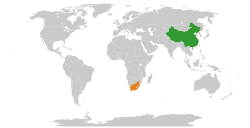 Карта, показваща местоположенията на Китай и Южна Африка