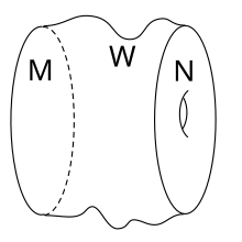 A cobordism (W; M, N), which generalises the notion of a diffeomorphism. Cobordism.svg