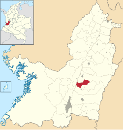 Location of the town and municipality of Guacari in the Valle del Cauca Department.