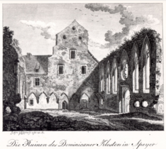 Blick aus dem ruinösen Langhaus auf den Chorrest, 1783