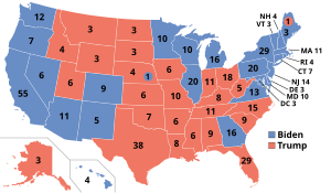 A map of the United States showing several coastal states and some of the Midwest and South voting for Biden, with most of the Midwest, South, and Plains voting for Trump.