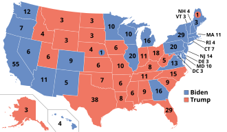 Democrat Joe Biden defeated President Trump in the 2020 presidential election. ElectoralCollege2020 with results.svg