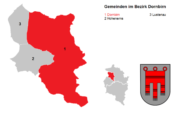 Obce v okrese Dornbirn (okresní město Dornbirn je značené červeně)