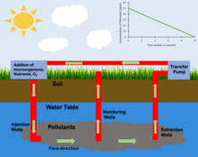 Visual representation showing in-situ bioremediation. This process involves the addition of oxygen, nutrients, or microbes into contaminated soil to remove toxic pollutants. Contamination includes buried waste and underground pipe leakage that infiltrate ground water systems. The addition of oxygen removes the pollutants by producing carbon dioxide and water. In Situ Bioremediation.png