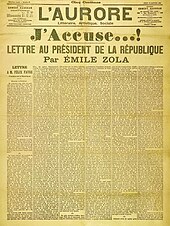 Titelseite der Zeitung L'Aurore mit der Schlagzeile „J’accuse…! Lettre au président de la République par Émile Zola“. Die sechs Spalten gehen über das gesamte Blatt und haben als Untertitel „Lettre à M. Félix Faure“. Rechts oben steht das Datum, der 13. Januar 1898.