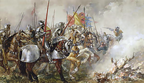 During the Hundred Years' War England and France battled for supremacy. Following the Battle of Agincourt the English gained control of vast French territory, but were eventually driven out. English monarchs would still claim the throne of France until 1800. King Henry V at the Battle of Agincourt, 1415.png