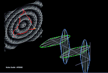 Вигляд посилених ефектів + ​​поляризованої гравітаційної хвилі (стилізовано) на лазерних променях/руках LISA.
