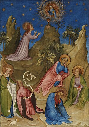 The Agony in the Garden with the Donor Louis I, Duke of Orleans, Colart de Laon, c. 1405-1408, Prado Museum La oracion en el huerto con el donante Luis I de Orleans.jpg