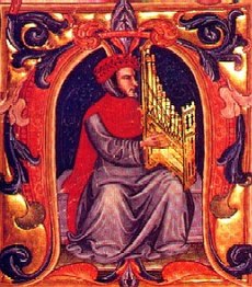 Francesco Landini interpreta o órgão portátil, miniatura do século XV do Código Squarcialupi