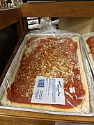 Tomato pie for sale in a grocery store near Utica, New York