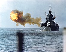 Battleship USS Idaho shelling Okinawa on 1 April 1945 New Mexico class battleship bombarding Okinawa.jpg