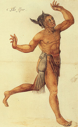 Man of the Secotan Indians in North Carolina. Watercolour painted by John White in 1585.