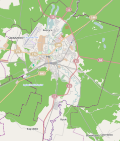 Mapa konturowa Piły, blisko centrum na lewo znajduje się punkt z opisem „I Liceum Ogólnokształcące im. Marii Skłodowskiej-Curie”