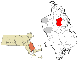 彭布罗克在普利茅斯县及马萨诸塞州的位置（以红色标示）