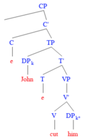 Example pronoun structure. Since "him" is immediately dominated by "John", Principle B is violated. Pronoun.png