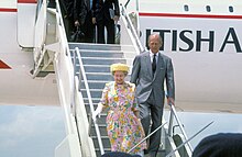 Queen Elizabeth II and Prince Philip disembark from a British Airways Concorde at Bergstrom Air Force Base near Austin, Texas, on their state visit to the United States in 1991. Queen Elizabeth II and Prince Philip disembark from a British Airways Concorde.jpg