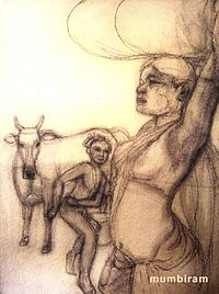 "Encounter on the Way back from the Forest", by Mumbiram, Charcoal, 1985, Pune
