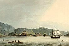 1814 artwork depicting the Russian warship Neva and the Russian settlement of St. Paul's Harbor (present-day Kodiak town), Kodiak Island Russian Sloop-of-War Neva.jpg