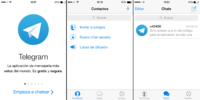 Montaje de Telegram en español, capturado desde un iPhone 4S con iOS 8. En el medio se ubican los contactos; a la derecha, el historial.