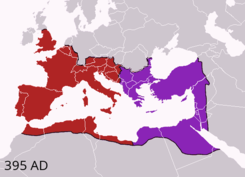 The Eastern and Western Roman Empire at the death of Theodosius I in 395 Theodosius I's empire.png