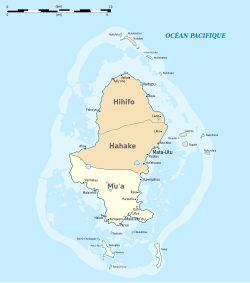 Map of Wallis Island showing the 3 districts: Mua is located in the South