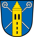 Gemeinde Ilmmünster In Blau zwei schräg gekreuzte silberne Krummstäbe, an der Kreuzung überdeckt von einem wachsenden goldenen Kirchturm mit Treppengiebel.