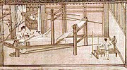 A woman weaves the silk thread on a large, room-length loom, while a child spins more thread in the corner.