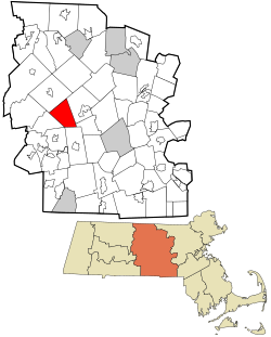 奧克姆在烏斯特縣及麻薩諸塞州的位置（以紅色標示）