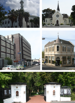 Top left: Yusuffia Mosque in Mosque Road. Top right: Dutch Reformed Church in Wynberg. Center left: Wynberg's Apartheid era police station.  Center right: Victorian building on Wolfe Street.  Bottom: The entrance to Maynardville Park. Bottom .