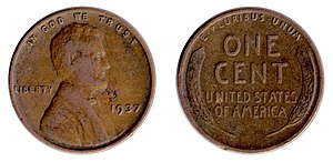 English: 900 DPI scan of a 1937 Wheat cent (&q...