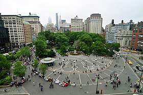 Union Square and its surrounding neighborhood, located between 14th and 17th Streets, may be considered a part of either Lower or Midtown Manhattan. 1 new york city union square 2010.JPG